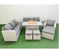 Fimous 10 Seater Poly Rattan Garden Furniture Patio Set, Firepit Table, 3 Seater Sofas, Reclining Chair, 3 Stools, 2 Side Tables, Light Grey
