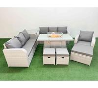 Fimous 10 Seater Poly Rattan Outdoor Garden Furniture Firepit Dining Table Sofa Set Patio 3 Seater Sofa Reclining Chair 3 Seater Sofa 3 Stools Side Fimous Light Grey