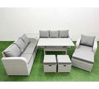 10 Seater Poly Rattan Outdoor Garden Furniture Rectangular Dining Table Sofa Set Patio 3 Seater Sofa Reclining Chair 3 Seater Sofa 3 Stools Side Table Fimous Light Grey One Size