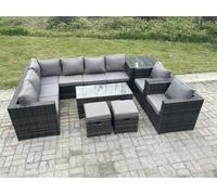 Fimous 10 Seater Rattan Corner Sofa Lounge Sofa Set With Rectangular Coffee Table Side Table 2 Arm Chair and 2 Stools Dark Grey Mixed