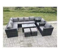Fimous 10 Seater Rattan Corner Sofa Lounge Sofa Set With Rectangular Coffee Table Side Table 2 Arm Chair and 2 Stools Dark Grey Mixed