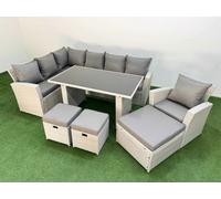 Fimous 10 Seater Rattan Corner Sofa Outdoor Garden Furniture Set with Rectangular Dining Table Lounge Sofa 3 Footstools Armchair Light Grey