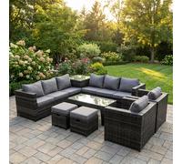 Fimous 10 Seater Rattan Corner Sofa Set with Side Table, Rectangular Coffee Table, 2 Arm Chairs, 2 Footstools - Dark Grey
