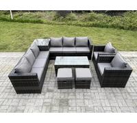 Fimous 10 Seater Rattan Corner Sofa Set With Square Side Table And Oblong Rectangular Coffee Tea Table 2 PC Arm Chair 2 Stools Dark Grey Mixed
