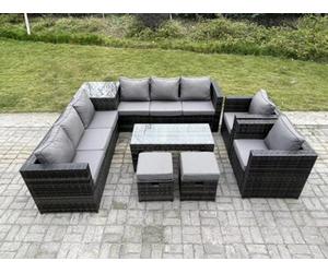 Fimous 10 Seater Rattan Corner Sofa Set With Square Side Table And Oblong Rectangular Coffee Tea Table 2 Pc Arm Chair Stools