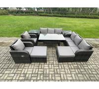 Fimous 10-Seater Rattan Garden Dining Set | Oblong Table, Chairs, 3-Seater Sofa, 2 Footstools, 2 Side Tables | Dark Grey