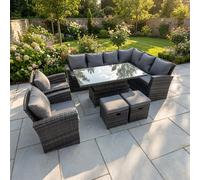 Fimous 10 Seater Rattan Garden Furniture Corner Sofa Set with Adjustable Lifting Dining or Coffee Table & 2 Footstools - Dark Grey