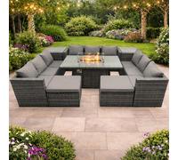 Rattan Garden Furniture Firepit Dining Set Outdoor 10 Seater Patio with Glass Top Dining Table 2 Side Tables Fimous Dark Grey One Size