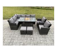 Fimous 10-Seater Rattan High Back Corner Sofa Dining Set | Gas Fire Pit Table & Heater, Armchair, 2 Footstools | Dark Grey