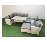 Fimous 10 Seater Rattan Garden Furniture Set Outdoor Patio Dining Corner Sofa Sets with Dining Table 2 Chairs Big Footstools Light Grey Mixed