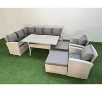 Fimous 10 Seater Rattan Garden Furniture Set Outdoor Patio Dining Corner Sofa Sets with Dining Table 2 Chairs Big Footstools Light Grey Mixed