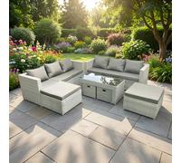 Fimous Rattan Garden Furniture Set Outdoor Lounger Sofa with Coffee Table 4 Footstools Light Grey Mixed 10 Seater Light Grey