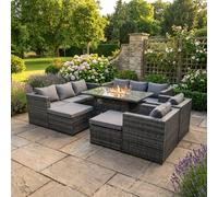 Fimous Rattan Garden Furniture Firepit Dining Set 10 Seater Lounge Sofa Table Set with 2 big Footstool