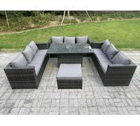 Fimous 10 Seater Rattan Garden Furniture Sofa Set Outdoor Adjustable Rising Lifting Dining Table Set with Big Footstool Dark Grey Mixed