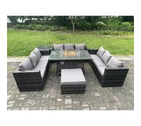 Fimous 10-Seater Rattan Outdoor Gas Fire Pit Dining Set | Sofa, Side Table, Footstool | Dark Grey