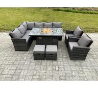 10 Seater Rattan Garden Furniture High Back Corner Sofa Gas Fire Pit Dining Table Sets Gas Heater with Armchair 2 Footstools Fimous Dark Grey One Size