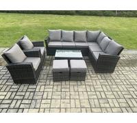 10 Seater High Back Outdoor Garden Furniture Set Rattan Corner Sofa Set With Rectangular Coffee Table 2 Small Footstools Fimous Dark Grey One Size