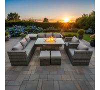 Fimous 10 Seater Rattan Outdoor Furniture Set with Corner Sofa, Gas Fire Pit Dining Table, Side Table, 2 Small Stools - Dark Grey