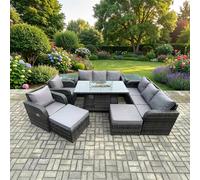 Fimous 10 Seater Rattan Outdoor Furniture Set with Gas Fire Pit Dining Table, 2 Reclining Chairs, 2 3-Seater Sofas, 2 Side Tables - Dark Grey