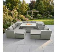 Fimous 10 Seater Rattan Outdoor Garden Furniture Set with Fire Pit Dining Table, 2 Sofas, 2 Side Tables, 2 Chairs & 2 Footstools - Light Grey