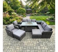Fimous 10 Seater Rattan Outdoor Garden Furniture Set with Gas Fire Pit Dining Table, 2 Reclining Chairs, 2 x 3-Seater Sofas, 2 Footstools - Dark Grey
