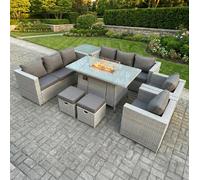 Fimous Rattan Fire Pit Set Gas Heater Burner Lounge Sofa Dining Set Coffee Table Chairs Stool in Light Grey Fimous Light Grey