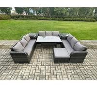 Fimous 10-Seater Rattan Outdoor Lounge Set | Oblong Dining Table, Footstool, 2 Side Tables | Dark Grey