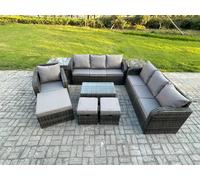 Fimous 10-Seater Rattan Outdoor Lounge Sofa Set | Rectangular Coffee Table, 3-Seater Sofa, 3 Footstools, 2 Side Tables - Dark Grey