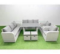 Fimous 10 Seater Wicker PE Rattan Furniture Outdoor Dining Table 3 Seater Sofa Reclining Chair Set with 2 Side Tables 2 Small Stools Light Grey