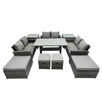 Fimous 10 Seater Wicker PE Rattan Furniture Outdoor Dining Table Double Seat Sofa 2 Side Tables 4 Stools Set Dark Grey Mixed