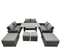 Fimous 10 Seater Wicker Pe Rattan Furniture Outdoor Dining Table Double Seat Sofa 4 Stools Set Dark Grey Mixed