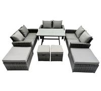 Fimous 10 Seater Wicker Pe Rattan Furniture Outdoor Dining Table Double Seat Sofa 4 Stools Set Dark Grey Mixed
