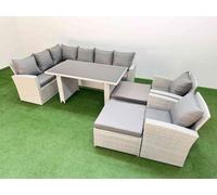 Fimous 10 Seater Wicker Rattan Corner Sofa Sets Outdoor Garden Furniture Sets with Rectangular Dining Table Lounge Sofa 2 Big Footstools Light Grey