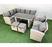 Fimous 10 Seater Wicker Rattan Corner Sofa Sets Outdoor Garden Furniture Sets with Rectangular Dining Table Lounge Sofa 2 Small Footstools Light Grey