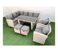 Fimous 10 Seater Wicker Rattan Corner Sofa Sets Outdoor Garden Furniture Sets with Rectangular Dining Table Lounge Sofa 2 Small Footstools Light Grey