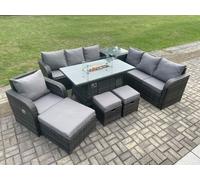 Fimous 10 Seater Wicker Rattan Garden Furniture Set Gas Fire Pit Dining Table Reclining Chair 3 Seater Sofa Set Indoor Outdoor with Footstools Fimous Dark Grey