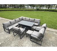 Fimous 11 Piece L-Shaped Garden Furniture Set Aluminium Outdoor Dining Set With Adjustable Rising Lifting Dining Table Dark Grey