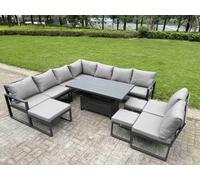 Fimous 11 Pieces Aluminium Garden Furniture Set With With Adjustable Rising Lifting Dining Table 3 Footstools Dark Grey