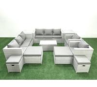 Fimous 11 Pieces Rattan Garden Furniture Set Outdoor Garden Sofa Chair Coffee Table Set 4 Stools Side Tables Light Grey
