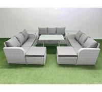 Fimous 11 Seat Outdoor Pe Rattan Garden Furniture With Cushions 3 Seater Sofa 2 Side Tables 2 Big Stools Light Grey
