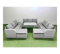 Fimous 11 Seat Outdoor PE Rattan Garden Furniture with Cushions 3 Seater Sofa Side Table 2 Big Stools Light Grey