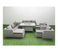 Fimous 11 Seat PE Rattan Lounge Sofa Set Outdoor Garden Furniture Set with Firepit Dining Table 3 Seater Sofa 3 Footstools Light Grey