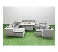 Fimous 11 Seat PE Rattan Lounge Sofa Set Outdoor Garden Furniture Set with Firepit Dining Table 3 Seater Sofa 3 Footstools Side Table Light Grey