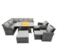 Fimous 11 Seat Gas Firpit Dining Table Corner Sofa Set with 3 Stool 2 Chairs