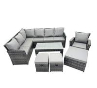 Fimous 11 Seat Poly Rattan Outdoor Patio Oblong Coffee Table Corner Sofa Set With 3 Stool Chair For Backyard Dark Grey Mixed