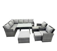 Fimous 11 Seat Patio Oblong Dining Table Corner Sofa Set with 3 Stool 2 Chair
