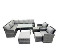 Fimous 11 Seat Poly Rattan Outdoor Patio Oblong Dining Table Corner Sofa Set with 3 Stool 2 Chairs for Garden Backyard Dark Grey Mixed