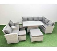 Fimous 11 Seat Rattan Garden Furniture Corner Sofa Set Adjustable Lifting Dining Or Coffee Table Set With 3 Footstools Light Grey