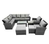 Fimous 11 Seat Rattan High Back Corner Sofa Set Patio Coffee Table Sets With 3 Stools Chair Dark Grey Mixed