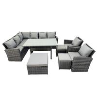 Fimous 11 Seat Rattan High Back Corner Sofa Set Patio Dining Table Set with 3 Stools 2 Chair Dark Grey Mixed
